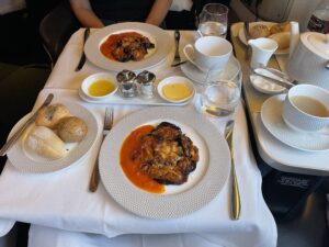 British Airways first class meal - aubergine parmigiana